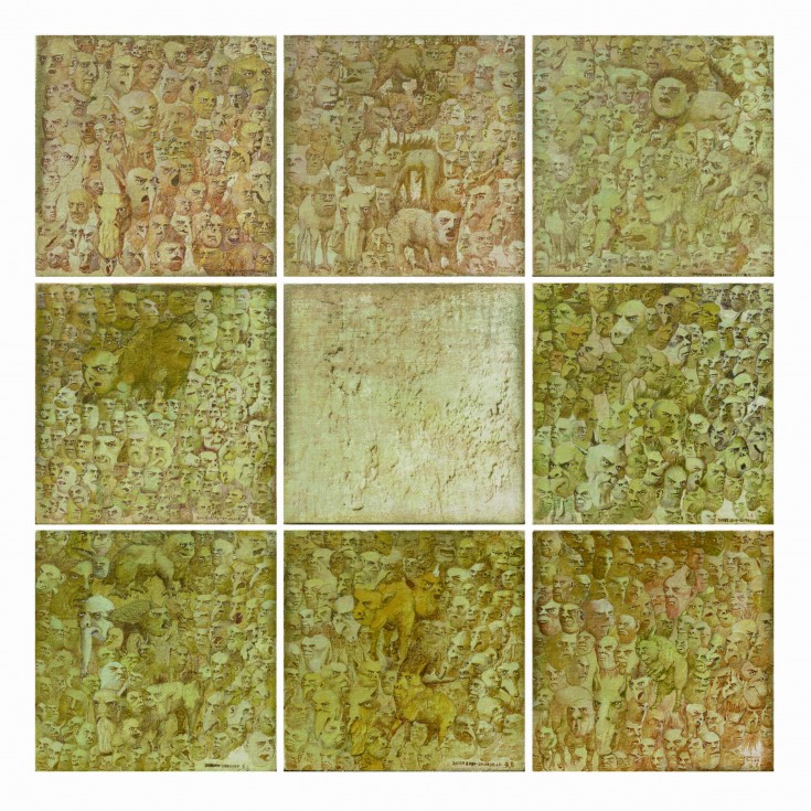Huang Yang, tecnica mista su tela, 9 pezzi, cm 20x20